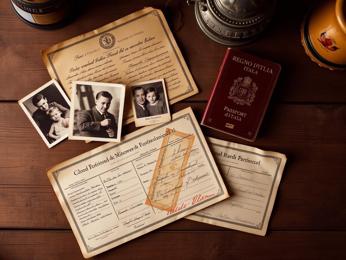 Certidões italianas antigas, fotografias de família e passaporte do Regno d'Italia